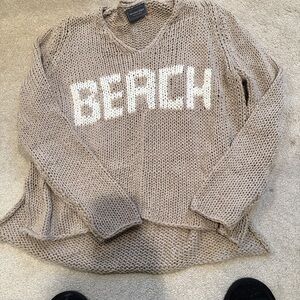 Wooden Ships Taupe V-Neck Sweater with White BEACH Lettering